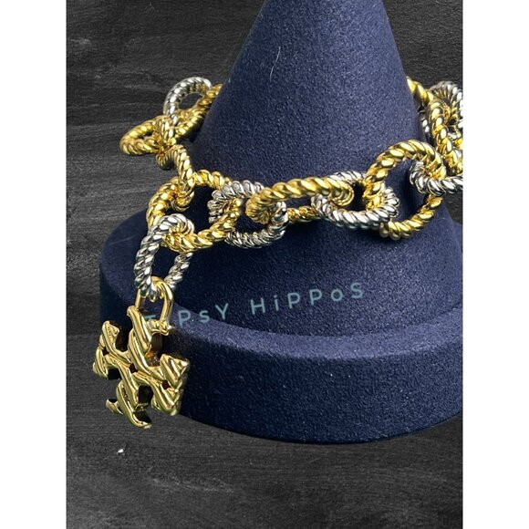 Tory Burch Gold & Silver Twist Rope Chain Bracelet With Logo Pendant In Gift Pou - Picture 8 of 12